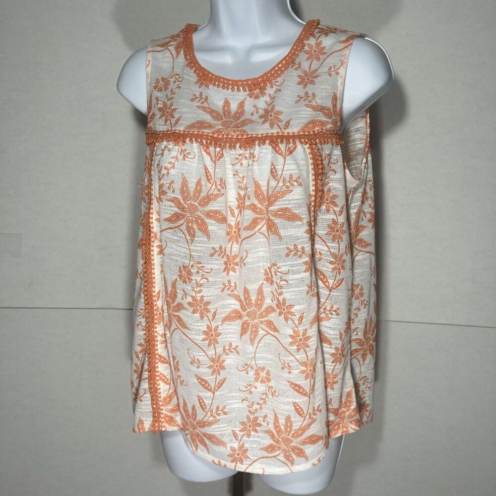 VINTAGE AMERICA white orange floral fringed yoke neck sleeveless top S